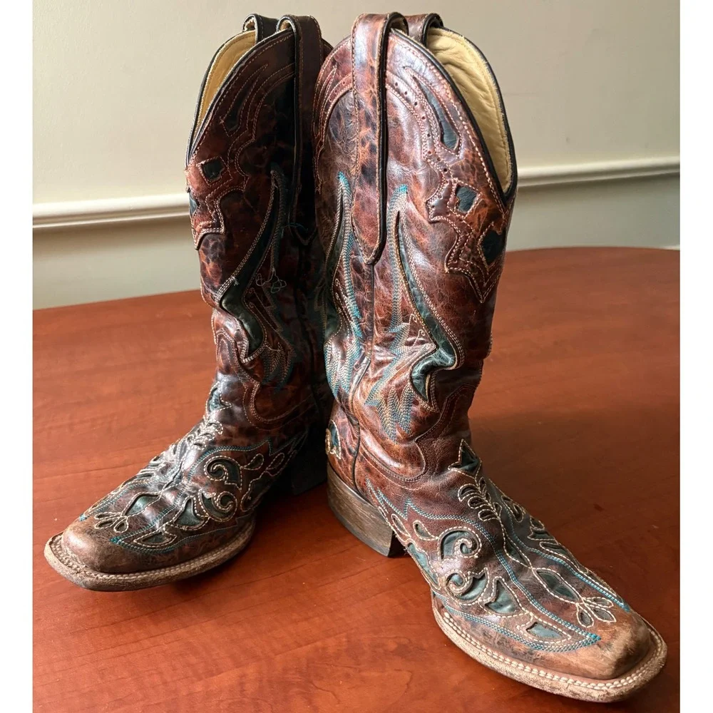Corral Vintage Brown Teal Embroidered Leather Cowboy Boots Square Toe 6.5M 97303